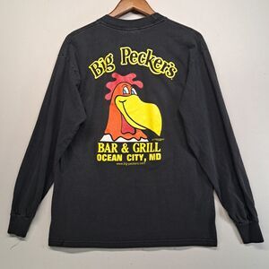 Vintage Big Peckers Bar Grill Ocean City MD Long Sleeve Tee Large Black